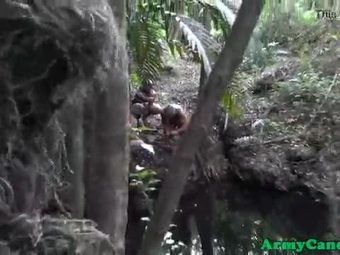 Outdoors army hunk cums while assfucked