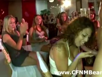 Group of CFNM party girls suck stripper cock